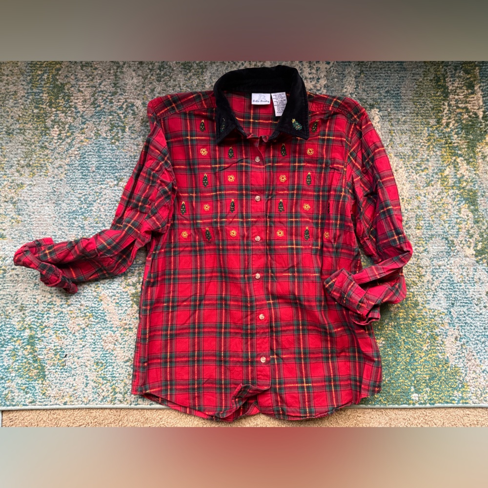 Vintage Bobbie Brooks embroidered holiday plaid button down shirt, size large - Picture 7 of 11